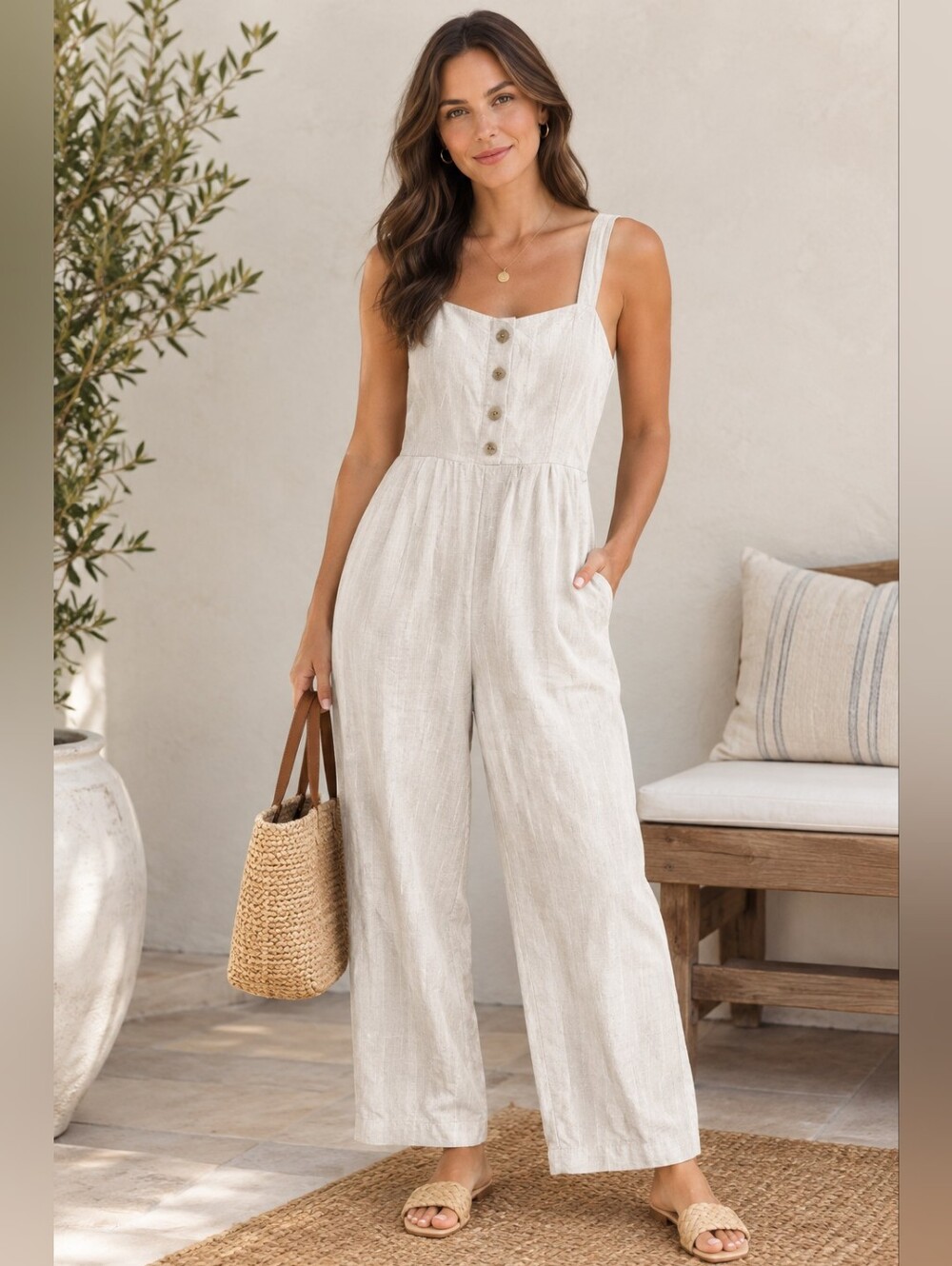 Old Navy - Cream Button-Front Linen Smocked Jumpsuit